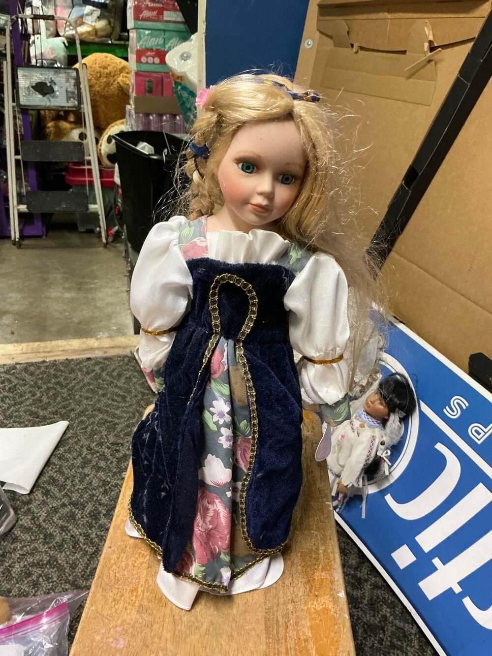 Porcelain Doll with Blonde Hair in Blue Velvet Medieval Dress
